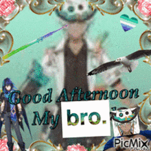 a picture of a man with a seagull says good afternoon my bro