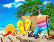 a wooden dock with a straw bag , flip flops , starfish , a towel , and a hat
