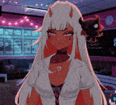 a girl with white hair and red horns is standing in front of a chalkboard that says " 2 study 3 look cute "