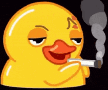 a yellow rubber duck is smoking a cigarette .