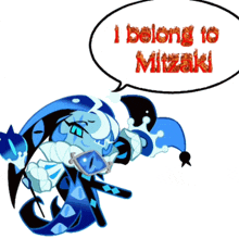 a cartoon character has a speech bubble that says i belong to mitzaki