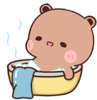 a cartoon teddy bear is taking a bath in a bowl .