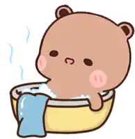 a cartoon teddy bear is taking a bath in a bowl .
