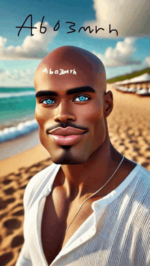 a man with blue eyes has the word abo3mrh written on his forehead
