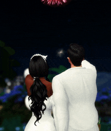 a bride and groom watch fireworks in the sky