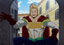 a man in a superhero costume with the number 100000 on the chest