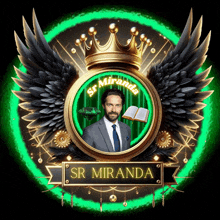 a logo for sr miranda shows a man in a suit