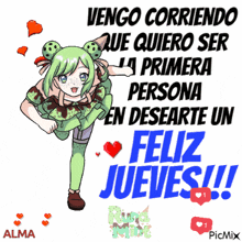 a picture of a girl with green hair and the words feliz jueves