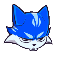 a cartoon drawing of a blue cat with an angry look on its face