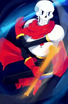 a drawing of papyrus holding a sword and a red cape