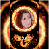 a picture of a woman in a circle of fire with a phoenix on it