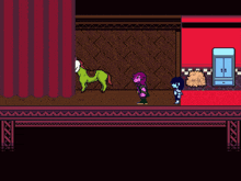 a video game scene with a girl and a boy standing next to a green horse .