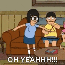 a cartoon of a woman standing next to a couch with the words oh yeahh !!!