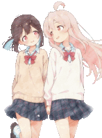 two girls in school uniforms are holding hands and smiling