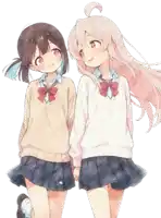 two girls in school uniforms are holding hands and smiling