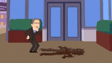 a cartoon of a man in a suit and tie standing next to a tree stump on the ground .