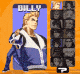 a video game character named billy is standing in front of a stack of characters