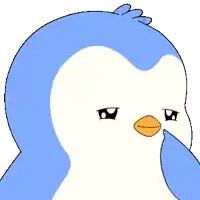a blue and white penguin with a yellow beak is smiling