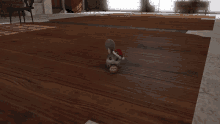 a cartoon squirrel wearing a santa hat stands on a wooden floor