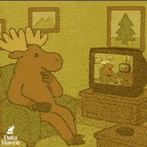 a cartoon moose is sitting in a chair watching a television