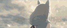a girl with white hair and cat ears is looking at the sky