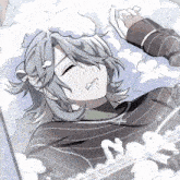 a drawing of a person laying on a bed with their eyes closed and a cloud in the background