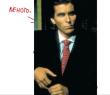 a man in a suit and tie has a red arrow pointing to his hand with the words behoto written above him