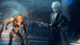 a man holding a gun stands next to a robot