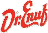 a red dr. enuf logo with a white r on it