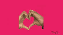 a person making a heart with their hands on a pink background