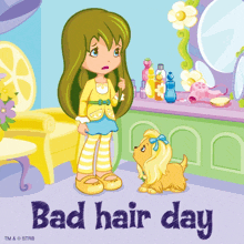 a cartoon of a girl standing next to a dog with the words bad hair day above her