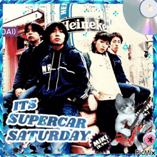 a picture of a group of people with the words " it 's supercar saturday " on the bottom
