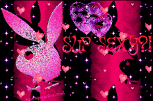 a pink playboy bunny is surrounded by hearts and stars