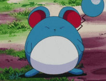 a blue cartoon character with red ears and a white belly