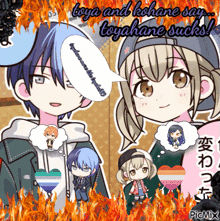 a cartoon of a boy and a girl with the words toya and kohane say