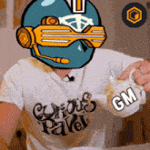 a man wearing a curious pavel t-shirt is pouring something into a cup