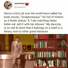 a picture of a man dancing next to a bookshelf