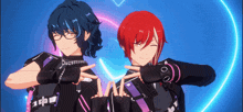 two anime characters are standing next to each other and making a heart shape with their hands