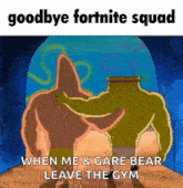 a cartoon of patrick star and shrek hugging each other