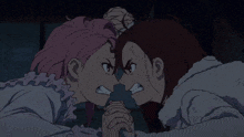 a couple of anime girls standing next to each other with their mouths open