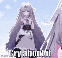 a girl in a white dress is standing next to another girl in a pink dress and says `` cry about it '' .