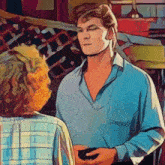 a painting of a man in a blue shirt talking to another man