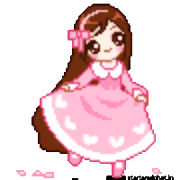 a pixel art of a girl in a pink dress with hearts on it
