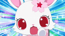 a white rabbit with a pink flower on its head is holding a pink box
