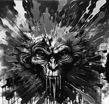 a black and white painting of a monkey 's face surrounded by paint splashes