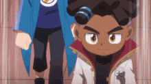 a boy in a white jacket with a red collar looks angry