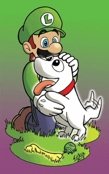 a cartoon of a man holding a dog with a l on his hat