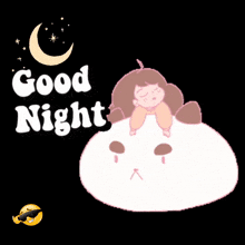 a cartoon of a girl sleeping on a cloud with the words " good night " above her