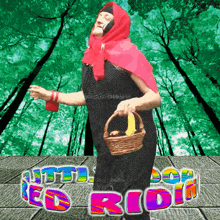 a man dressed as little red riding hood holds a basket of apples