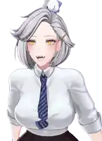 a girl with gray hair and yellow eyes is wearing a white shirt and blue tie